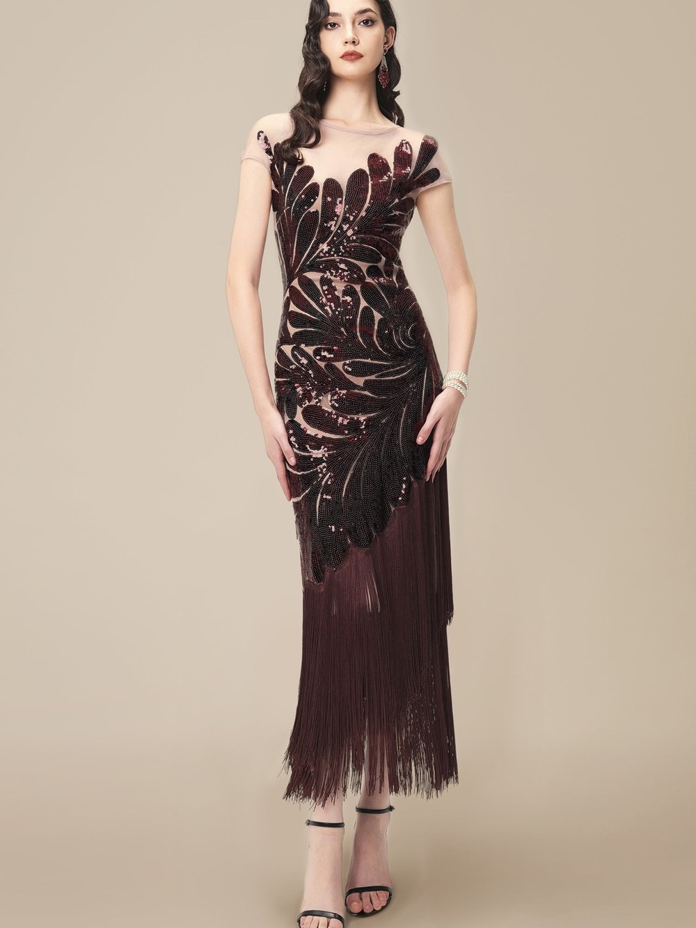 Burgundy Sequin Fringe Midi Dress with Illusion Neckline